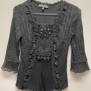 Black blouse with lace details and bell sleeves, size s